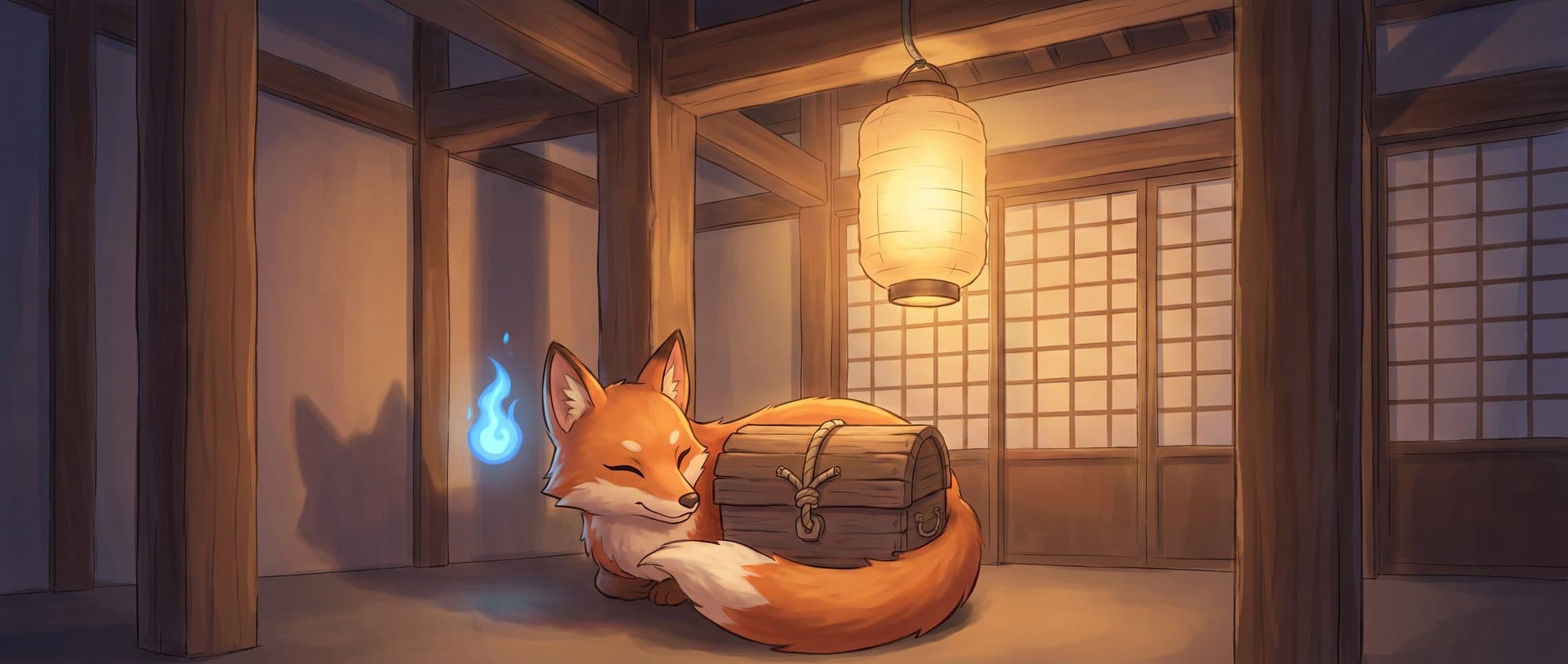 A fox spirit curled protectively around a small sealed chest in a lantern-lit shrine