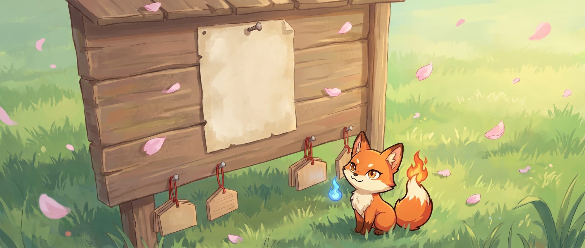 A wooden shrine notice board in a meadow with the fox sitting at its base